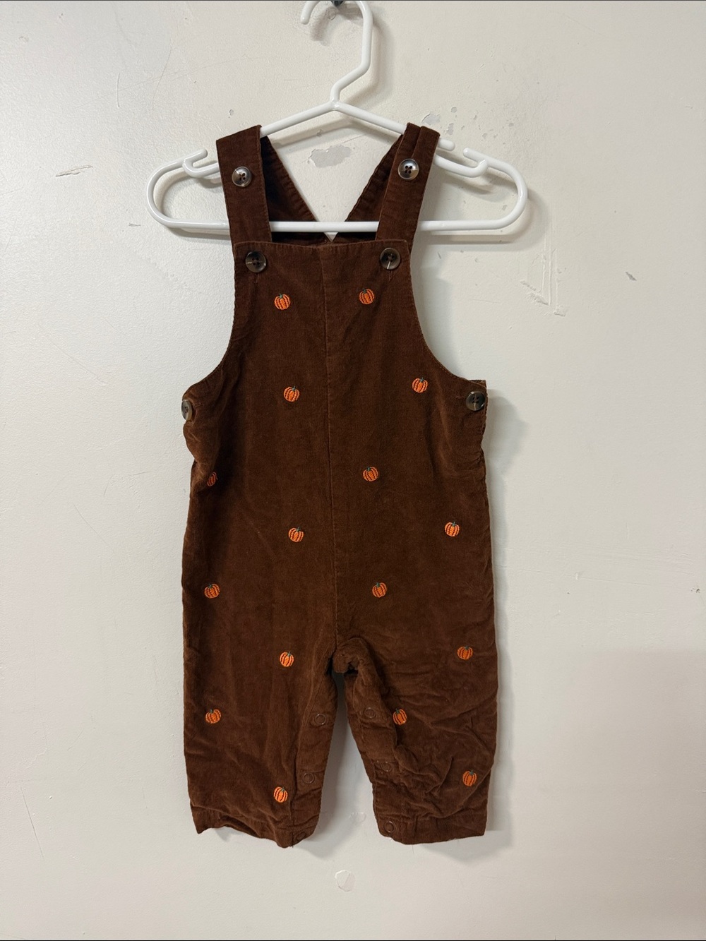 Brown Pumpkin Embroidered Corduroy Overalls - Kids